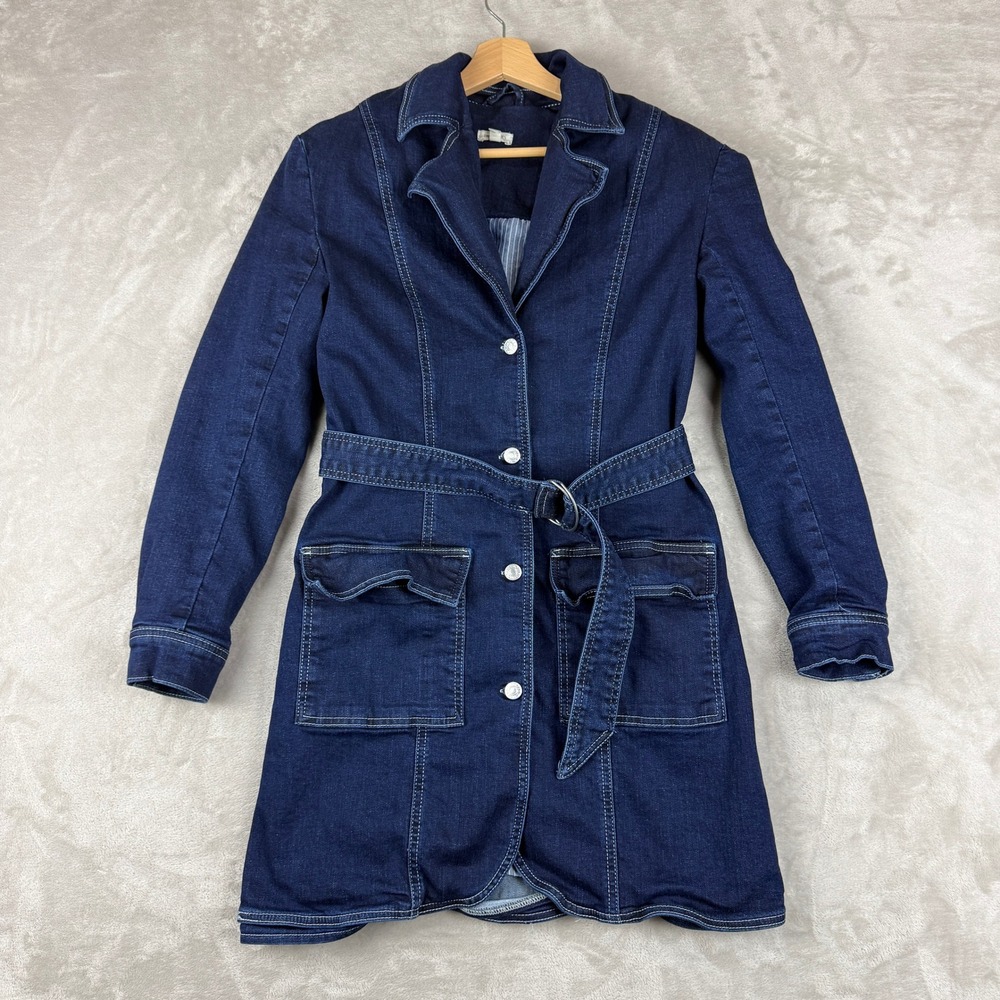 PILCRO Anthropologie Trench Coat Women S Blue Denim Lined Belted Jacket Preppy